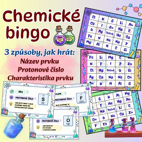 Chemické bingo – chemické prvky, protonová čísla, charakteristika prvků / Chemie / Periodická tabulka