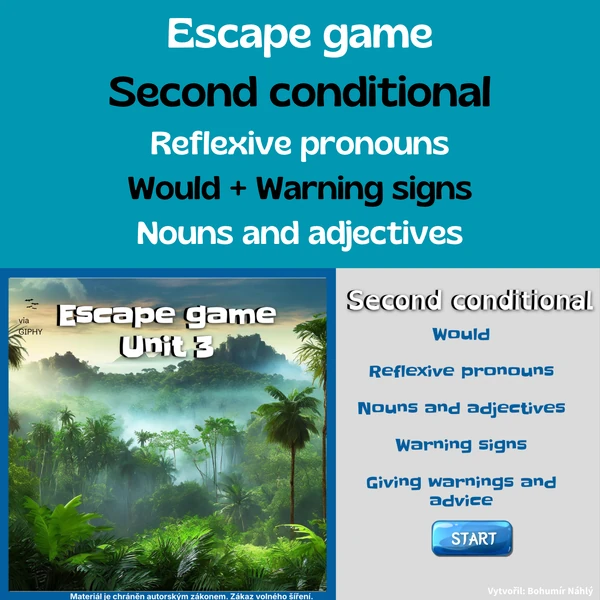 Second conditional, would, warnings, nouns and adjectives - úniková hra