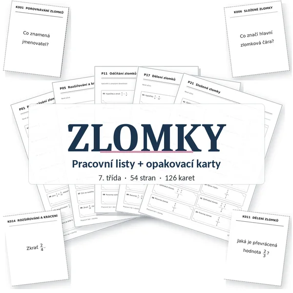 Zlomky pro 7. třídu – 24 pracovních listů a 126 opakovacích karet