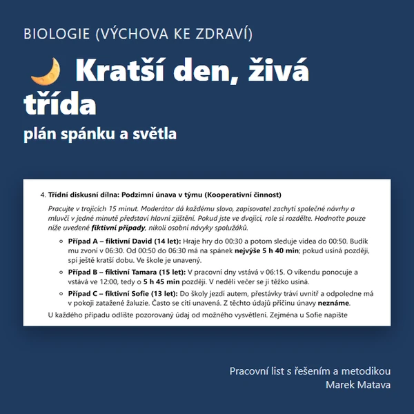 🌙 Kratší den, živá třída – plán spánku a světla (7.–9. ročník)