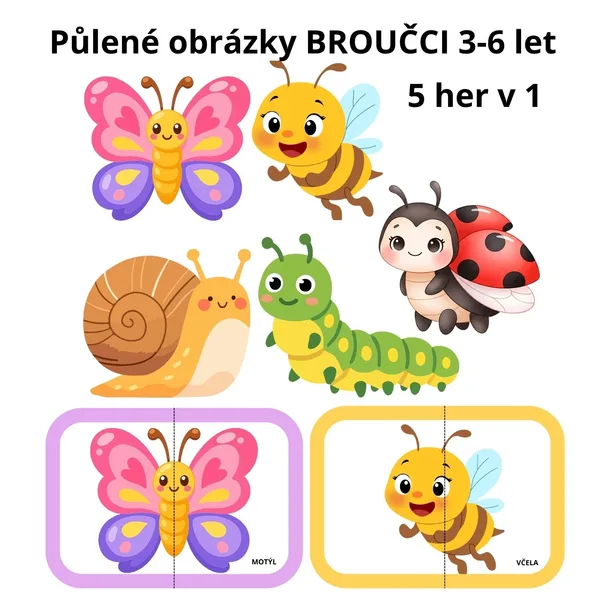 Půlené obrázky Broučci 3-6 let pro MŠ_5 her v 1