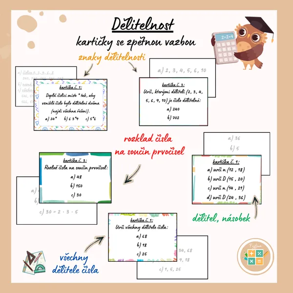 Dělitelnost - kartičky (násobek, dělitel, znaky dělitelnosti, prvočísla)