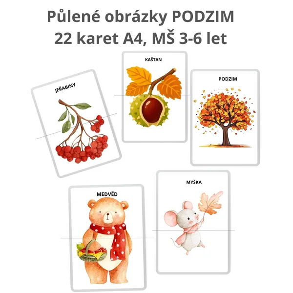 Půlené obrázky Podzim, 22 karet A4, MŠ 3-6 let