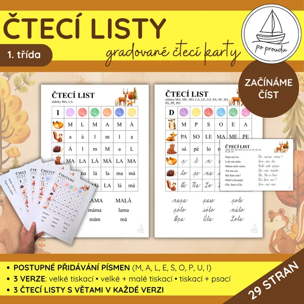 Čtecí listy | 3 verze gradovaného čtení pro začínající čtenáře