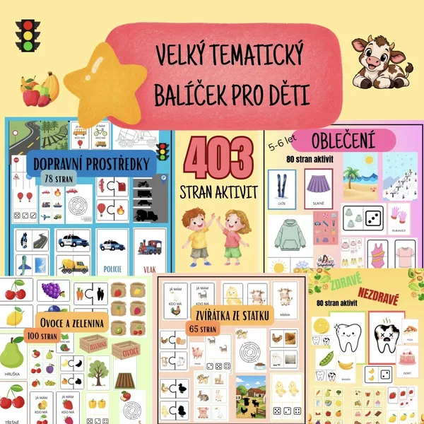 VELKÝ TEMATICKÝ BALÍČEK PRO DĚTI - 403 STRAN - ovoce a zelenina, dopravní prostředky, zvířátka na statku, oblečení, zdravé a nezdravé jídlo