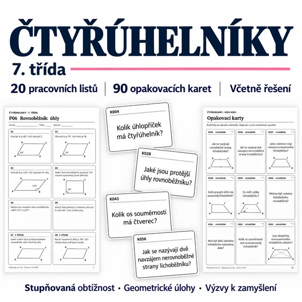 Čtyřúhelníky – 20 pracovních listů a 90 opakovacích karet | 7. třída