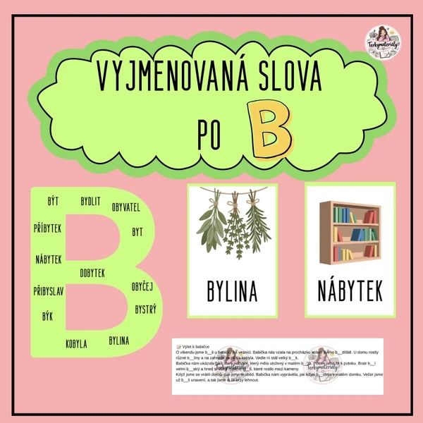 VYJMENOVANÁ SLOVA PO B - slova s obrázky, texty k doplnění...