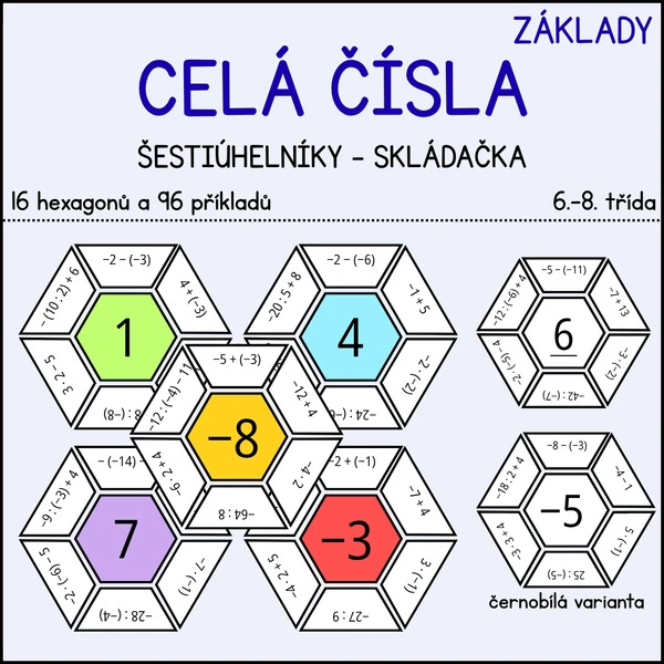 Celá čísla (základy) - šestiúhelníkové skládačky