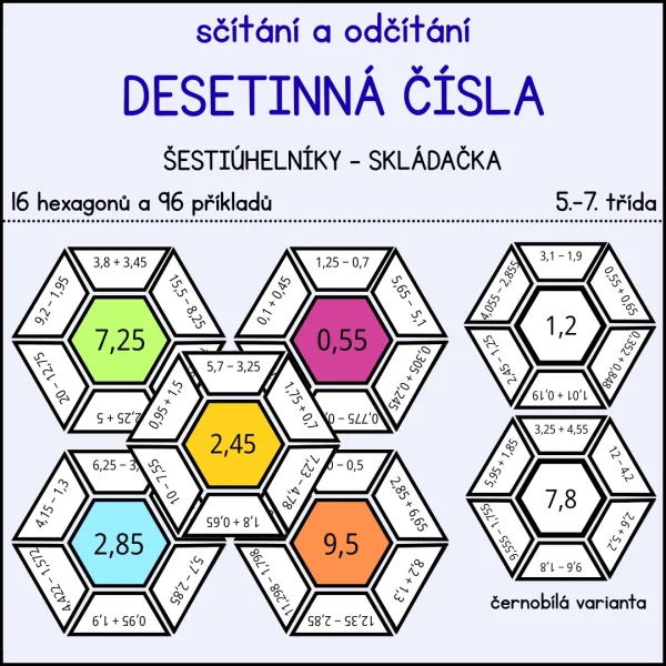 Sčítání a odčítání desetinných čísel - šestiúhelníkové skládačky