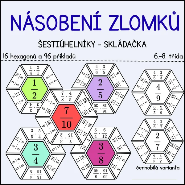 Násobení zlomků - šestiúhelníkové skládačky