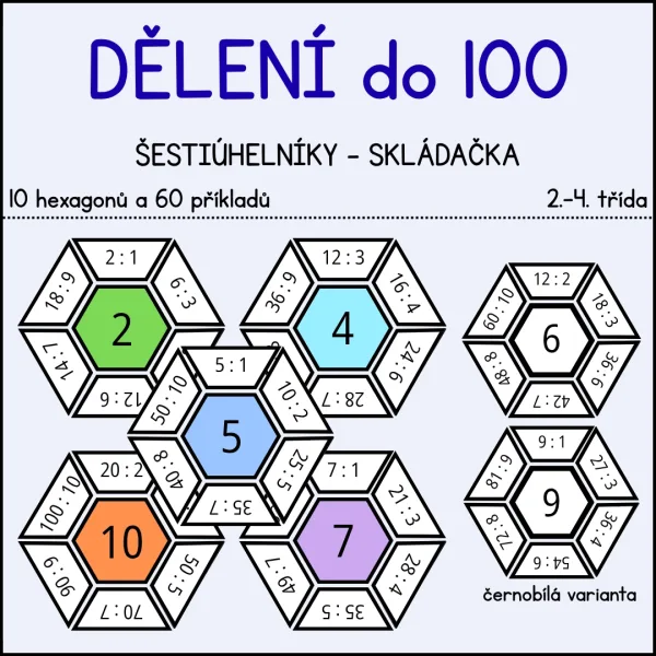 Dělení do 100 - šestiúhelníkové skládačky