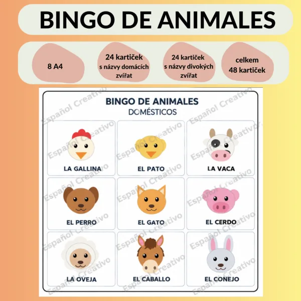 Bingo de animales – španělské bingo na procvičení názvů zvířat
