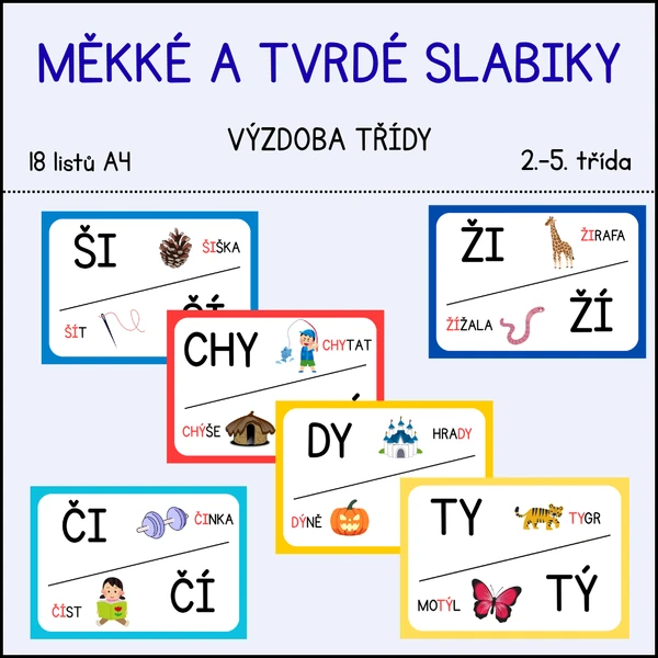 Měkké a tvrdé souhlásky/slabiky - barevný obrázkový plakát