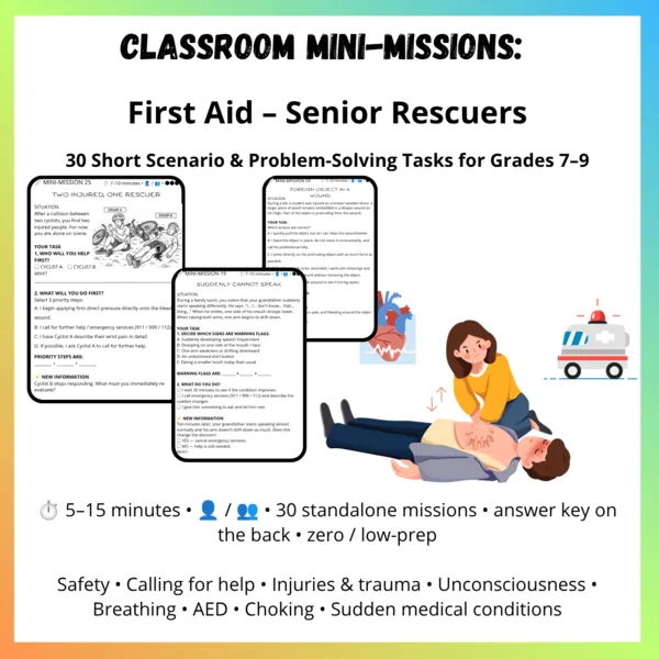 First Aid Mini-Missions | 30 Emergency Scenario Activities for Grades 7–9