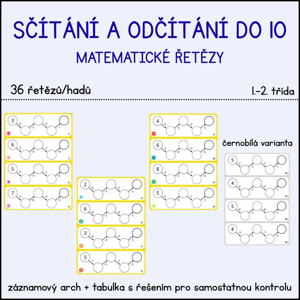 Matematické řetězy/hadi - sčítání a odčítání do 10