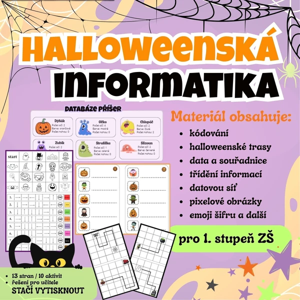 Halloweenská informatika pro 4.-5. ročník ZŠ - kódování, data, souřadnice atd.