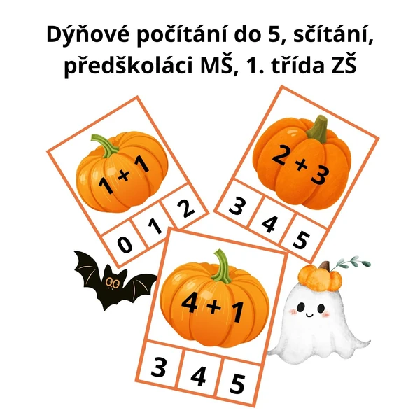 Dýňové počítání do 5 - sčítání, předškoláci MŠ, 1. třída ZŠ, 21 kartiček