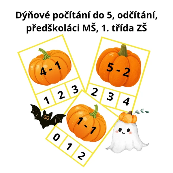 Dýňové počítání do 5 - odčítání, předškoláci MŠ, 1. třída ZŠ, 21 kartiček