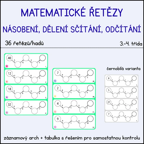 Matematické řetězy/hadi - násobení, dělení, sčítání a odčítání do 100