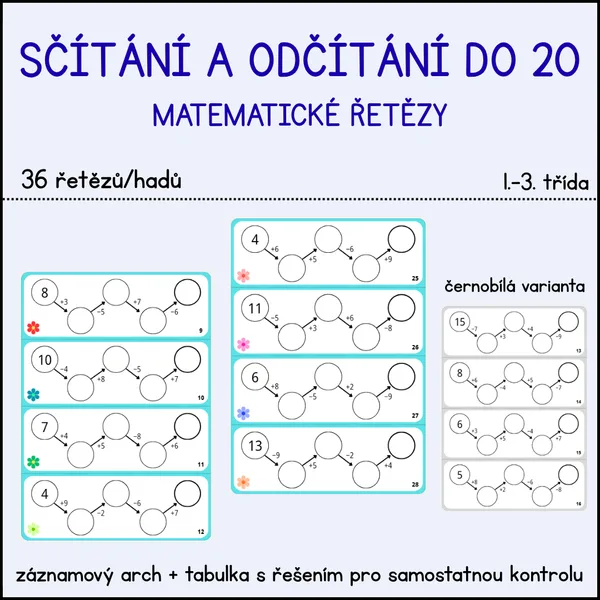 Matematické řetězy/hadi - sčítání a odčítání do 20