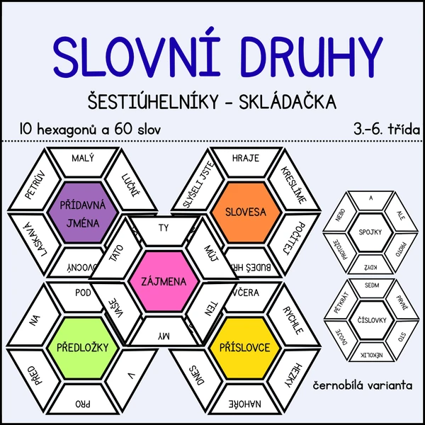 Určování slovních druhů - šestiúhelníková skládačka