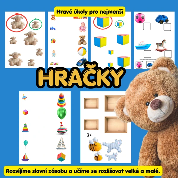 Hračky – velké a malé: pracovní listy a obrázkové kartičky pro nejmenší