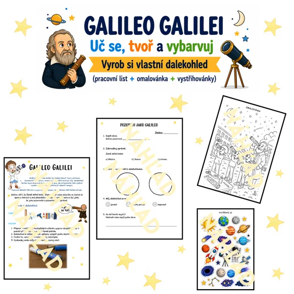 Galileo Galilei – objevujeme vesmír (pracovní list + záznamový list + omalovánka + vystřihovánky)