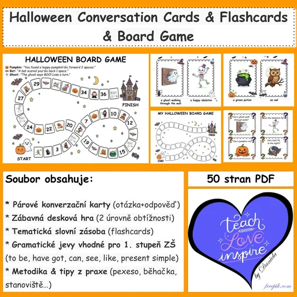 HALLOWEEN CONVERSATION CARDS, FLASHCARDS, BOARD GAME
