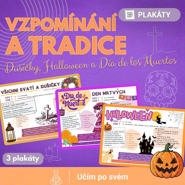 Podzimní svátky - Dušičky, Halloween a Día de los Muertos. 3 naučné plakáty