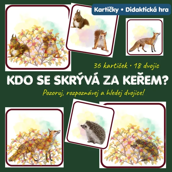 Lesní zvířata – přiřazovací kartičky: Kdo se ukrývá za keřem?