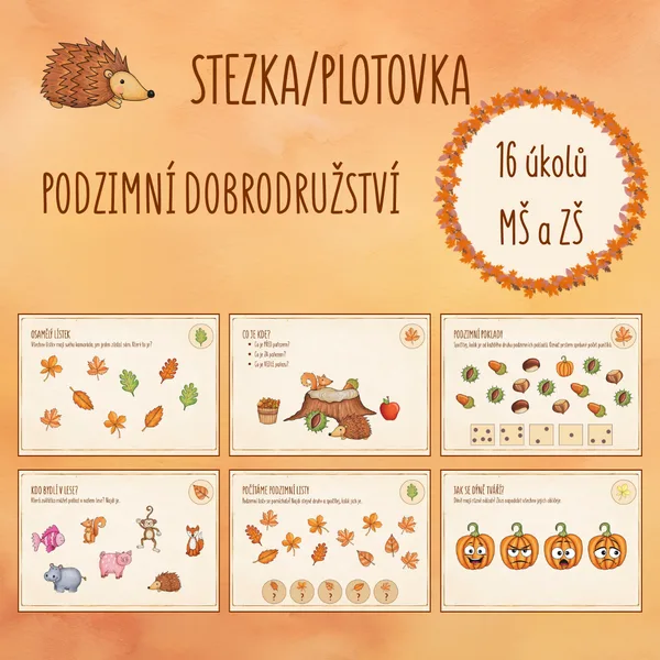 Podzimní dobrodružství - stezka/plotovka (16 kartiček s úkoly, průvodní list pro děti, pamětní list)