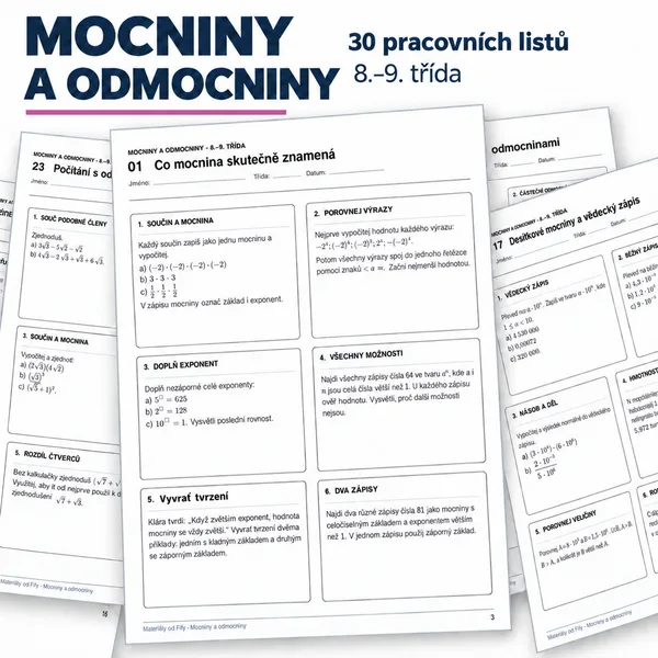 Mocniny a odmocniny – 30 pracovních listů pro 8.–9. třídu