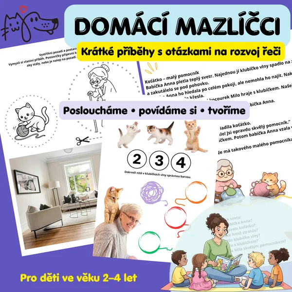 Domácí mazlíčci – příběhy na rozvoj řeči a pracovní listy (2–4 roky)