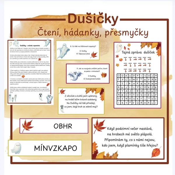 Dušičky - čtení s porozuměním, hádanky, přesmyčky
