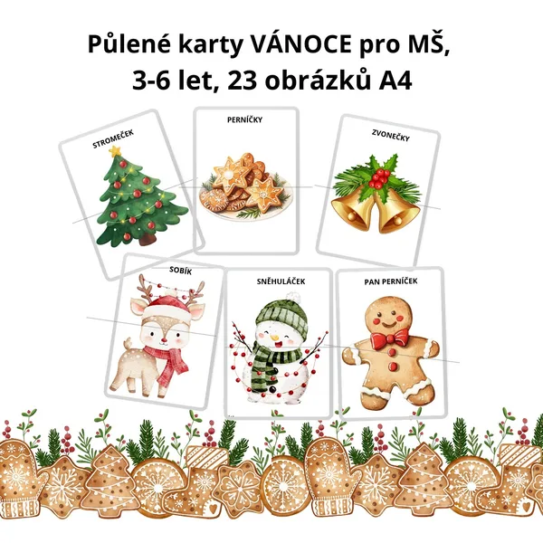 Půlené karty Vánoce pro MŠ, 3-6 let, 23 obrázků A4