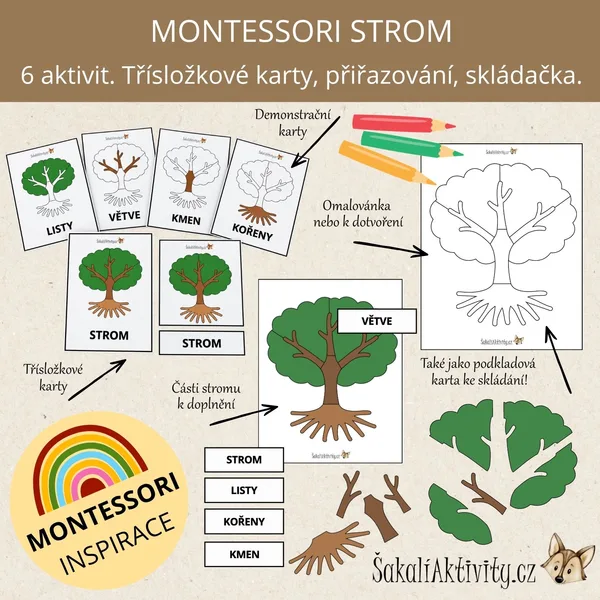 MONTESSORI STROM – třísložkové karty, přiřazování a puzzle