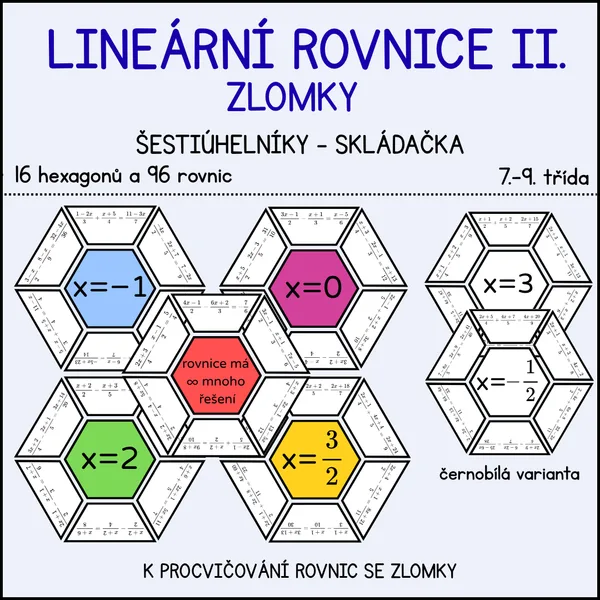 Lineární rovnice II. se zlomky - šestiúhelníkové skládačky