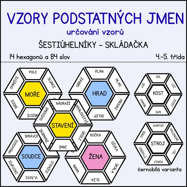 Určování vzorů podstatných jmen - šestiúhelníkové skládačky