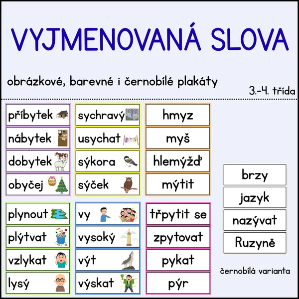 Vyjmenovaná slova - plakát s obrázky, barevný i černobílý