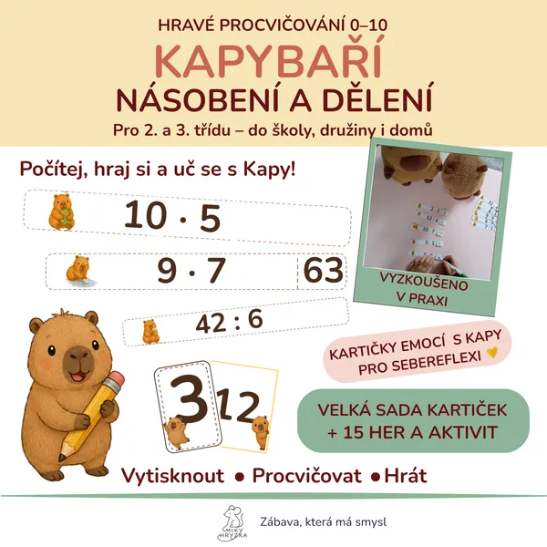 Kapybaří násobení a dělení 0–10 – kartičky a 15 her a aktivit