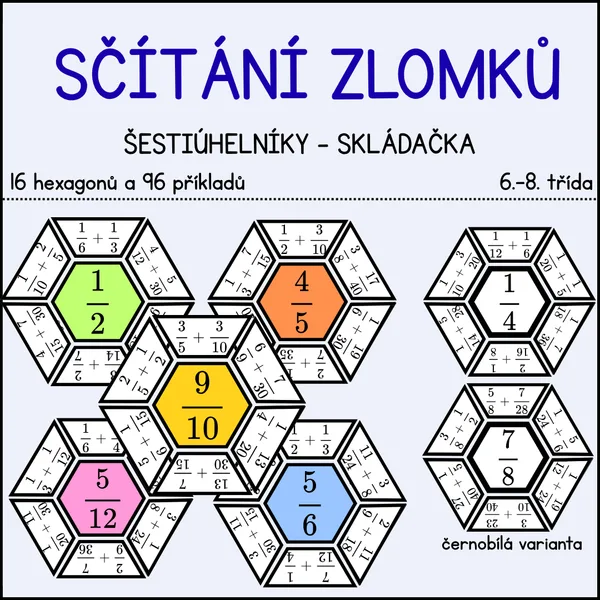 Sčítání zlomků - šestiúhelníkové skládačky