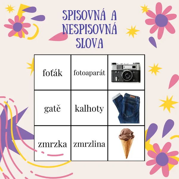 Spisovná a nespisovná slova: třídění a pexeso