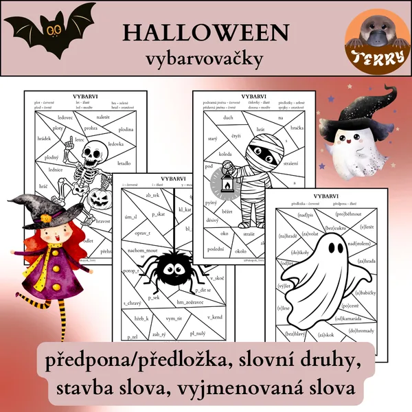 Halloween vybarvovačky (předložka, slovní druhy, stavba sl., vyjmenovaná sl.)