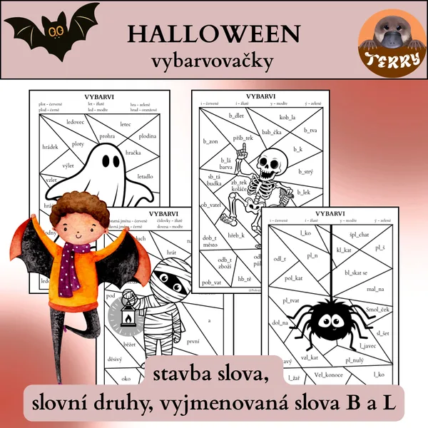 Halloween vybarvovačky (stavba slova, slovní druhy, vyjmenovaná slova B, L)