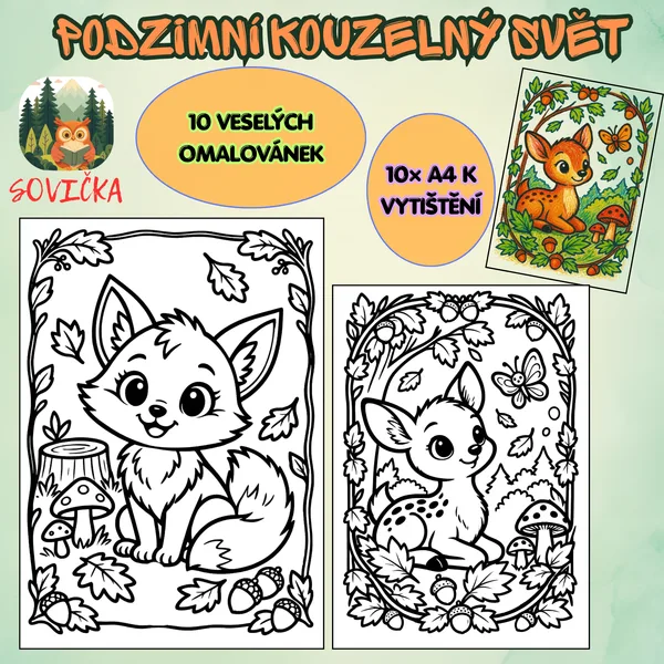 🍂 PODZIMNÍ KOUZELNÝ SVĚT – 10 VESELÝCH OMALOVÁNEK 🦊🦔
