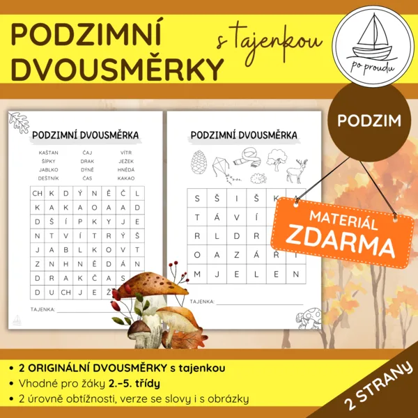 Podzimní dvousměrky s tajenkou | 2 pracovní listy ZDARMA