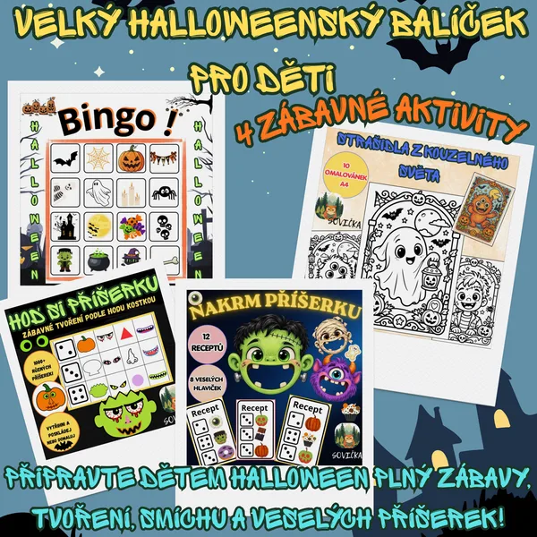 🎃 VELKÝ HALLOWEENSKÝ BALÍČEK PRO DĚTI – 4 ZÁBAVNÉ AKTIVITY 👻🦇