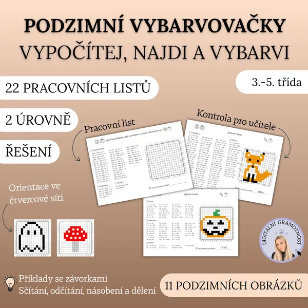 Podzimní vybarvovačky - Vypočítej, najdi a vybarvi! 3.-5. třída