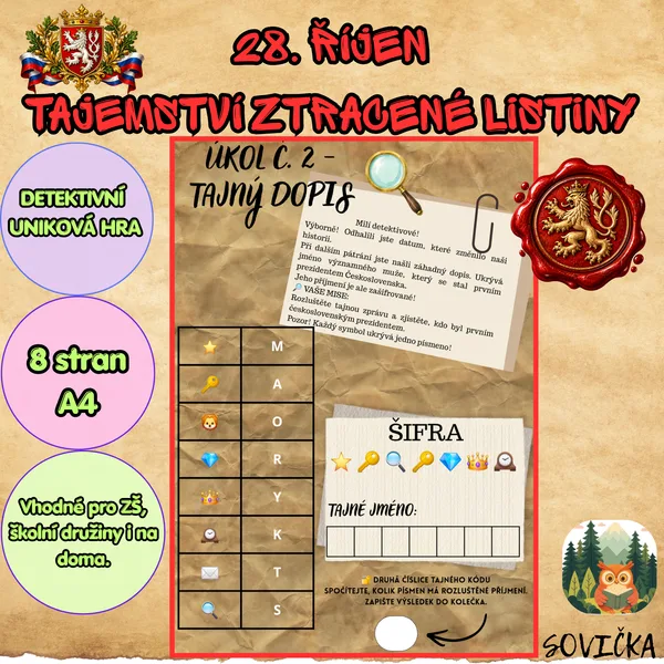 DETEKTIVNÍ ÚNIKOVÁ HRA K 28. ŘÍJNU-TAJEMSTVÍ ZTRACENÉ LISTINY