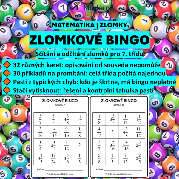 🎱 Zlomkové bingo | Sčítání a odčítání zlomků pro 7. třídu